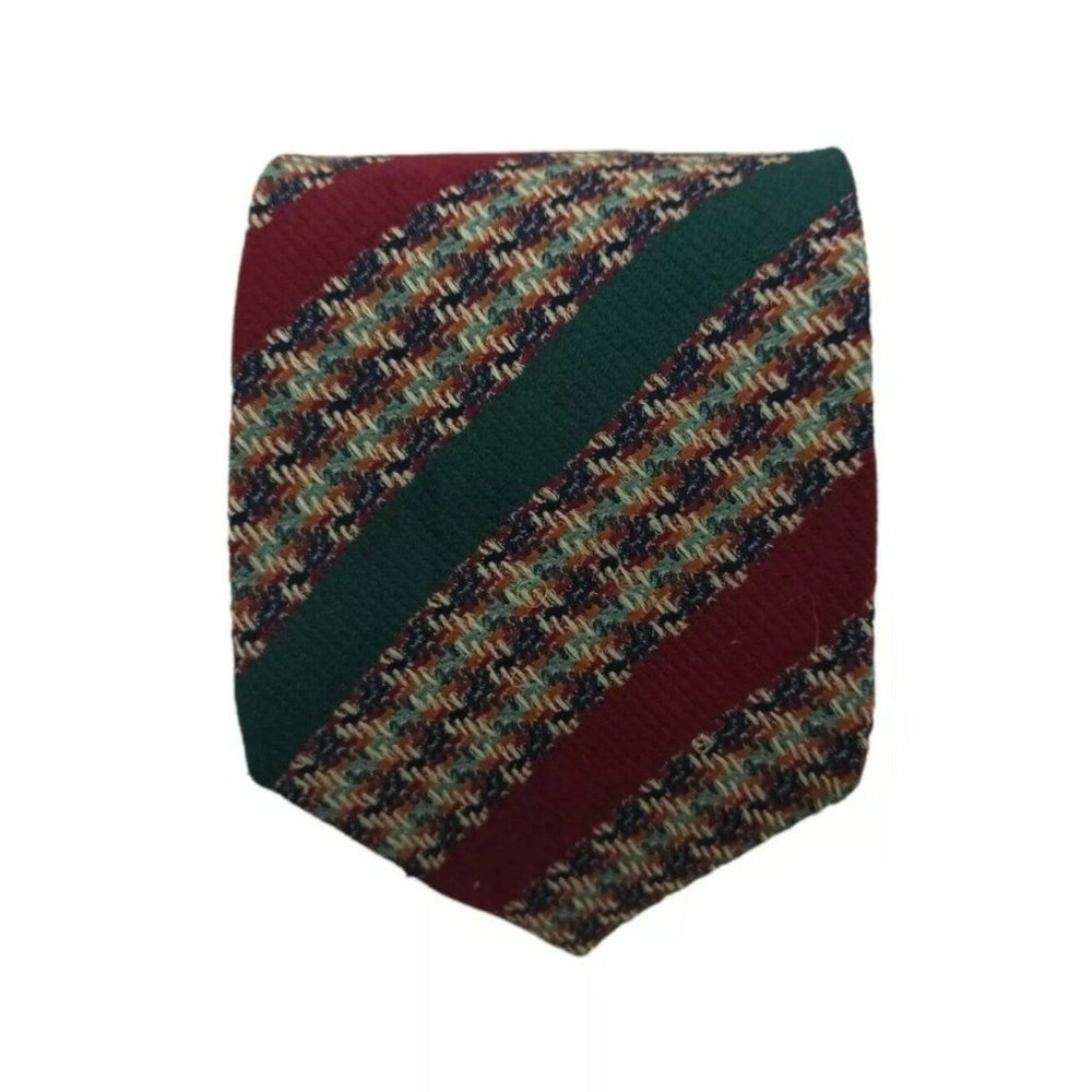 BRENTWOOD Red/Green Striped Houndstooth Silk Tie HMADE ITALY 58”/ 3.8’’ EC
